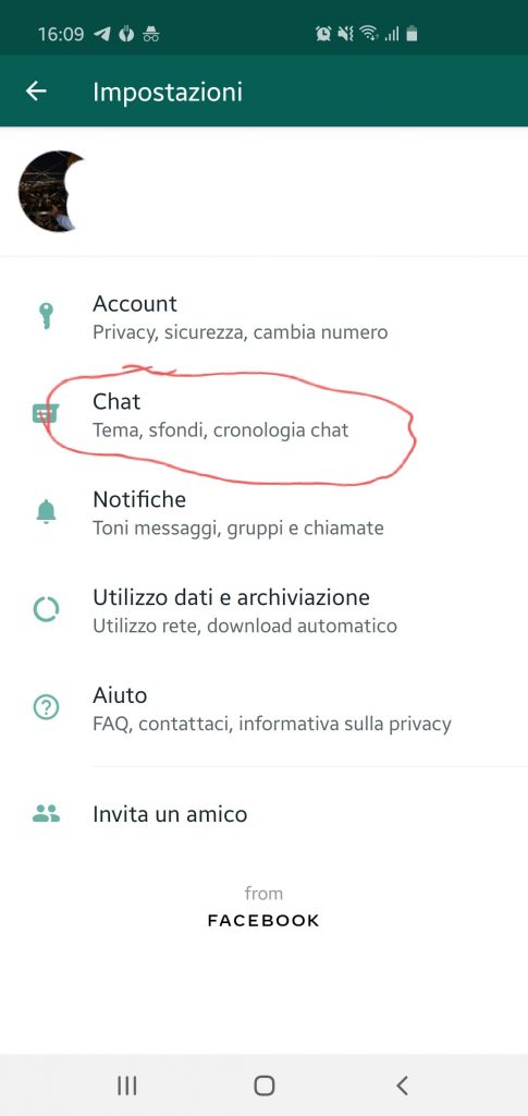 Menù chat Whatsapp