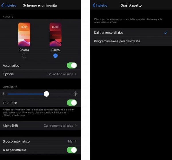 Dark mode iOS su iPhone da impostazioni